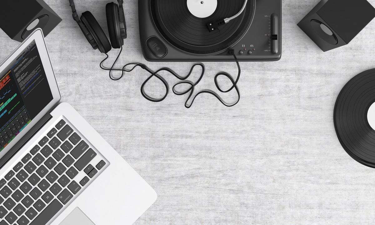 Laptop on a desk in a studio