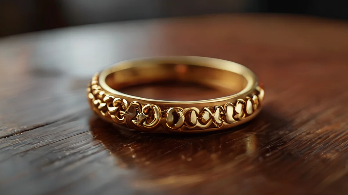 Ein goldener Ring mit fein verziertem Design und einem zentralen Edelstein.