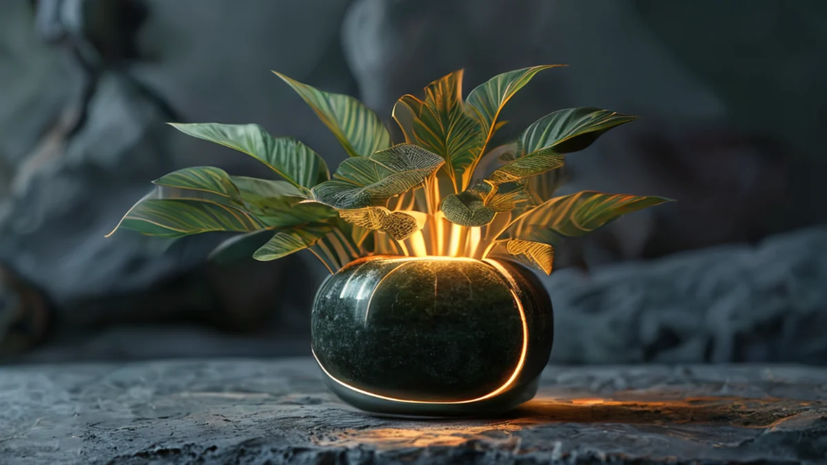 Una base de lámpara de planta YouTube Ukiyo-e, cerámica verde oscuro con acientos metálicos, forma redonda, reposando sobre una superficie de piedra gris, luz lateral cálida, profundidad de campo baja, fotorealista, enfoque afilado, alto