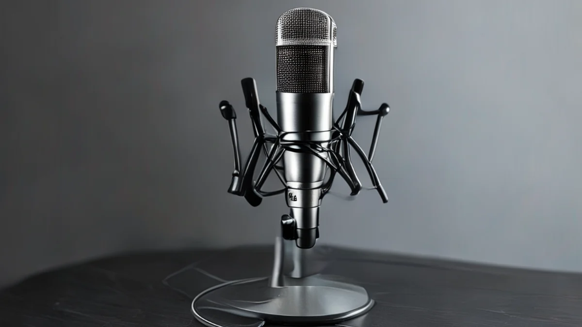 Professioneller Kondensatormikrofon mit integrierter Pop-Filter für klare Stimmenaufnahme.