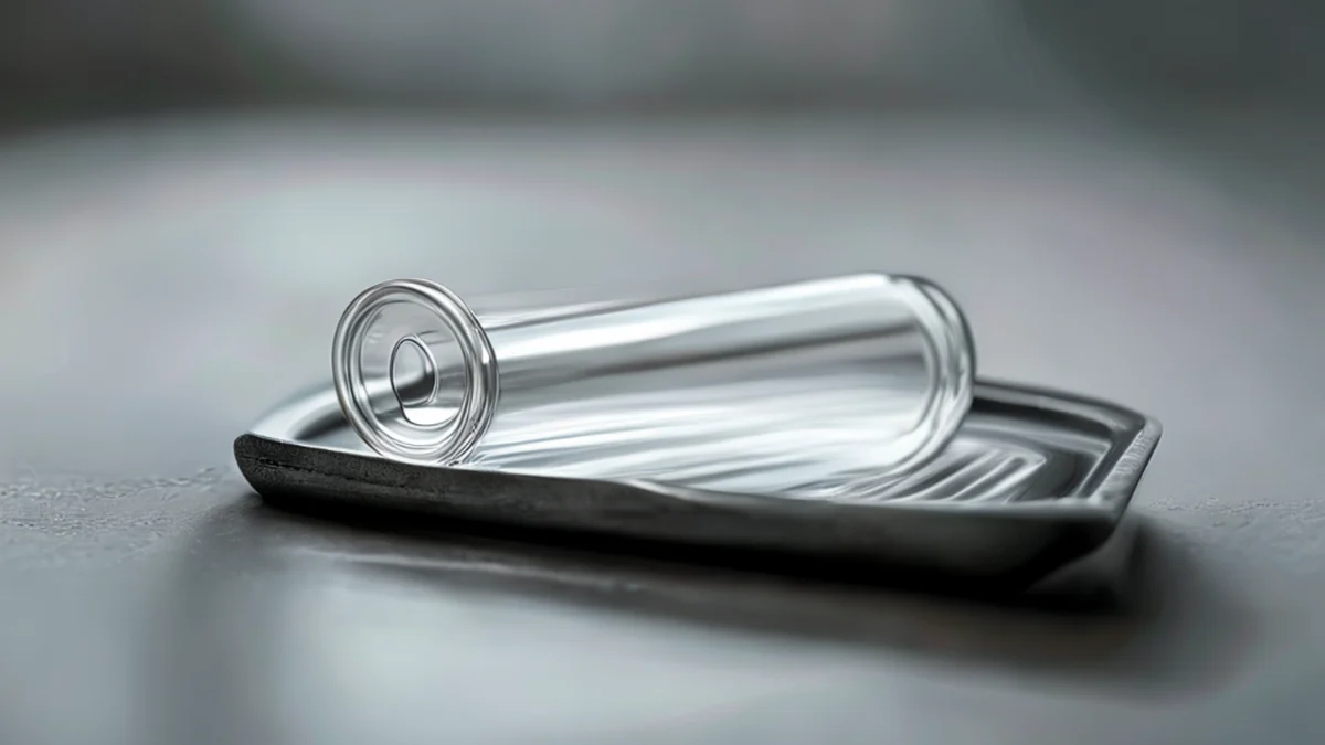 Transparent coin tube, narrow and cylindrical, on metal tray under softbox light, shallow depth of field, photorealistic, sharp focus, high detail