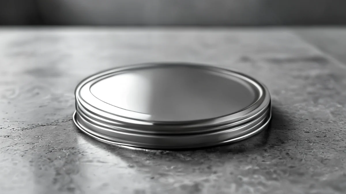 Aluminium deksel met gladde, reflecterende oppervlak en cirkelvormige vorm.