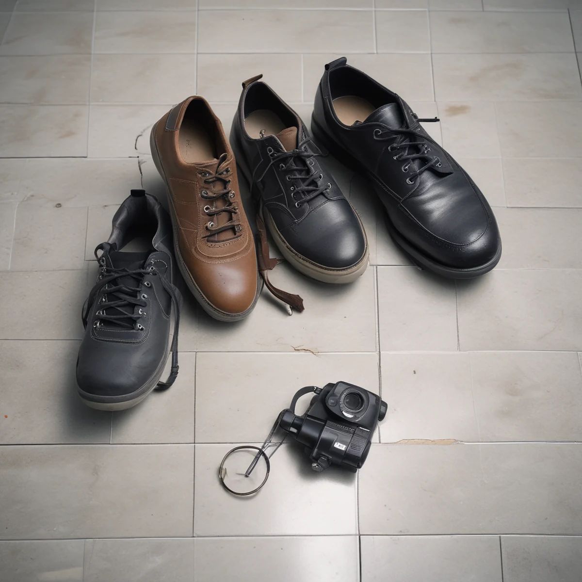 Una telecamera e delle scarpe da camminare sono posizionate sul pavimento.