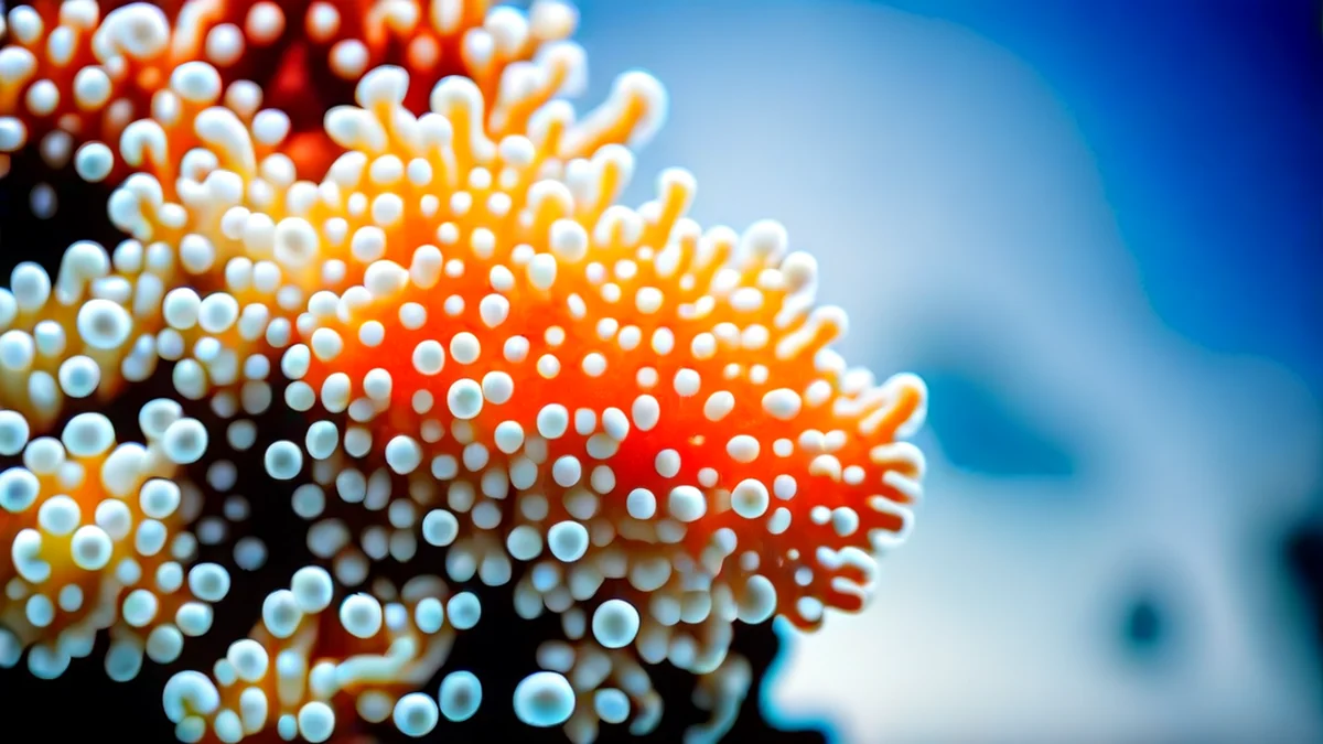 海洋水族箱中的活體珊瑚碎片，展現鮮豔色彩和自然質感。