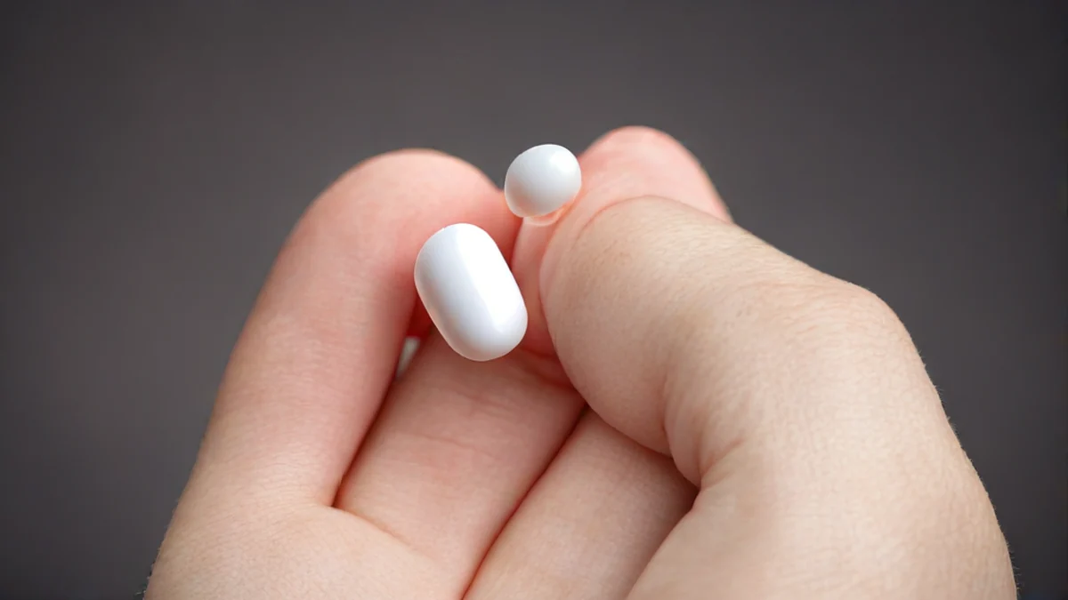 De hand houdt een witte pil met een blauwe label vast.